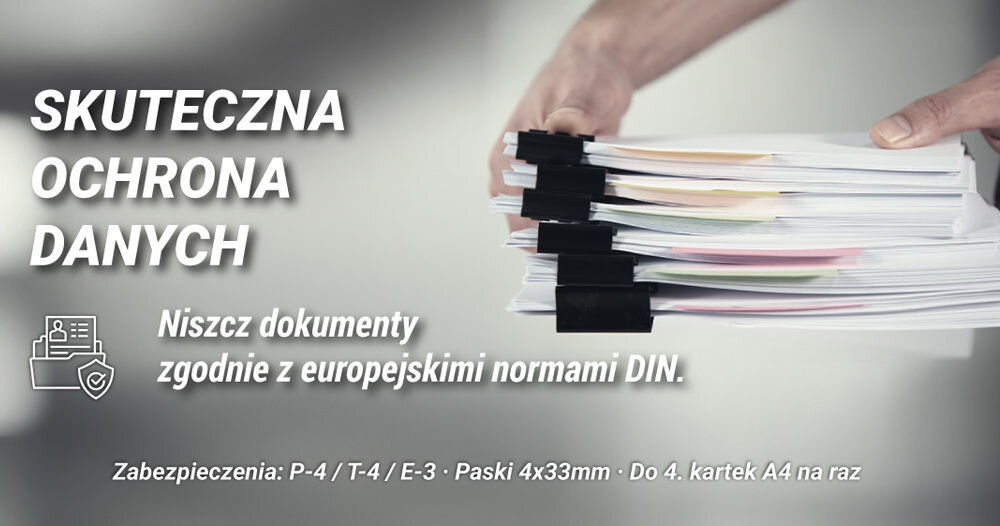 Niszczarka HAMA Safe X40-W Shredder P-4, Ścinki, Automatyczny Start/Stop, Funkcja cofania napis skuteczna ochrona danych niszcz dokumenty zgodnie z europejskimi normami DIN w tle stosy dokumentów trzymane w dłoniach RODO klasa bezpieczeństwa ochrona poufnych informacji europejskie normy