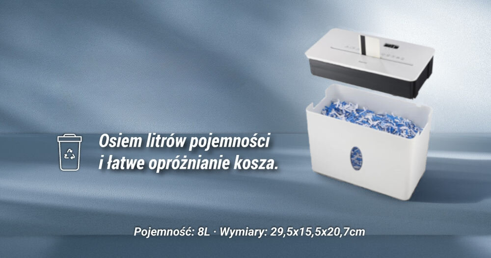 Niszczarka HAMA Safe X40-W Shredder P-4, Ścinki, Automatyczny Start/Stop, Funkcja cofania prezentacja niszczarki napis osiem litrów pojemności i łatwe opróżnianie kosza na dole pojemność oraz wymiary pojemność kosza okienko podglądu wymiary oszczędność miejsca
