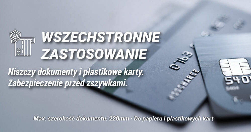 Niszczarka HAMA Safe X40-W Shredder P-4, Ścinki, Automatyczny Start/Stop, Funkcja cofania napis wszechstronne zastosowanie wypisane rzeczy które niszczy max szerokość dokumentu w tle karty płatnicze niszczenie papieru plastikowych kart stalowe ostrza odporne na zszywki spinacze wygodne niszczenie szerokość dokumentu A4