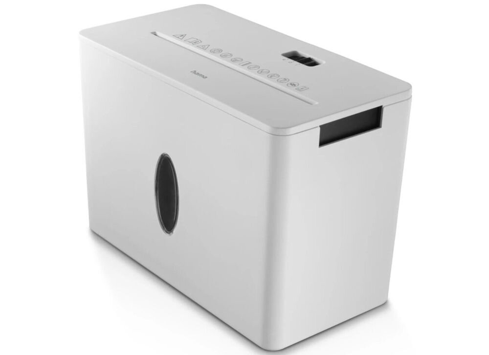 Niszczarka HAMA Safe X40-W Shredder P-4, Ścinki, Automatyczny Start/Stop, Funkcja cofania prezentacja niszczarki pod kątem na białym tle bezpieczeństwo wygoda trwałość cicha praca