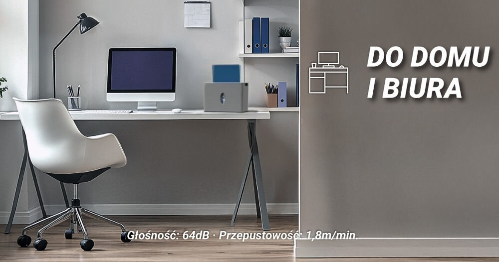 Niszczarka HAMA Safe X40-W Shredder P-4, Ścinki, Automatyczny Start/Stop, Funkcja cofania prezentacja niszczarki w jasnym gabinecie obok napis na brązowej ścianie do domu i biura na dole głośność i przepustowość wydajność porządek bezpieczeństwo danych wygoda pracy