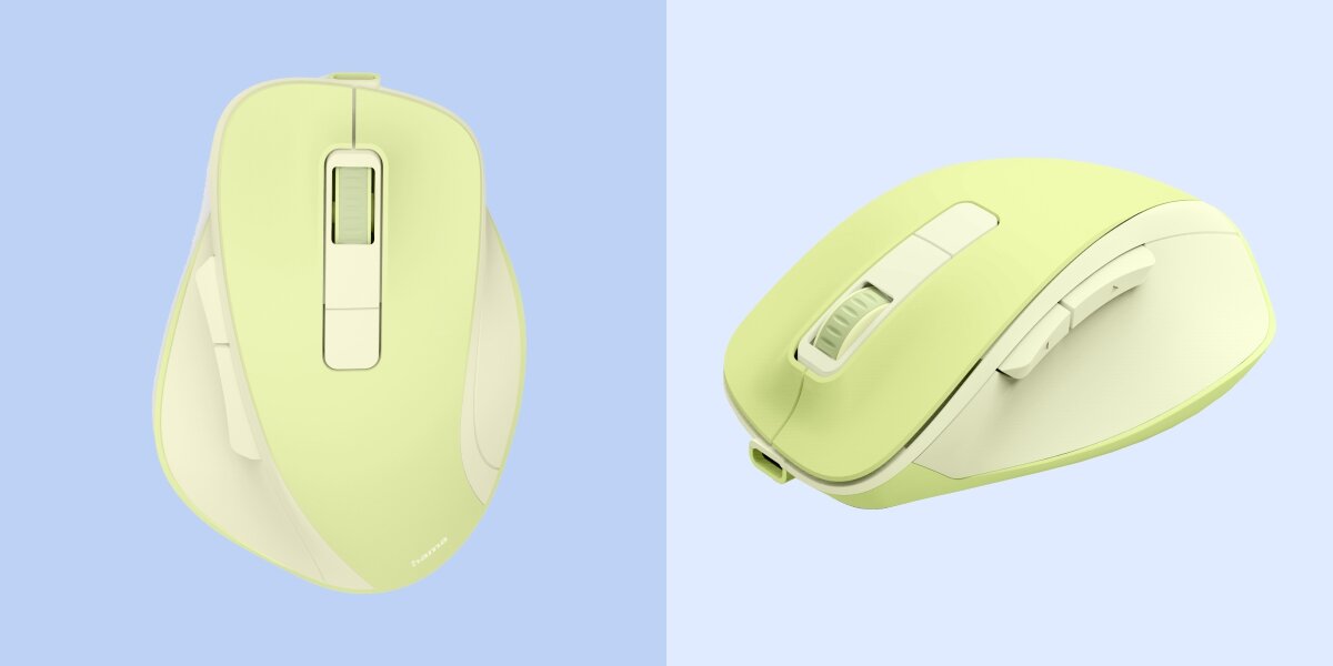 Bezprzewodowa mysz optyczna Hama w kolorze jasnozielonym, widok z góry i boku.