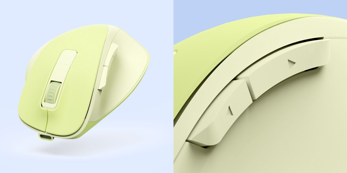 Zbliżenie na jasnozieloną bezprzewodową mysz, widoczne przyciski boczne (Wstecz/Dalej).