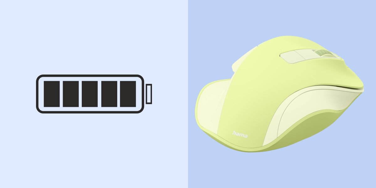 Jasnozielona mysz optyczna Hama z ikoną długiej żywotności baterii.