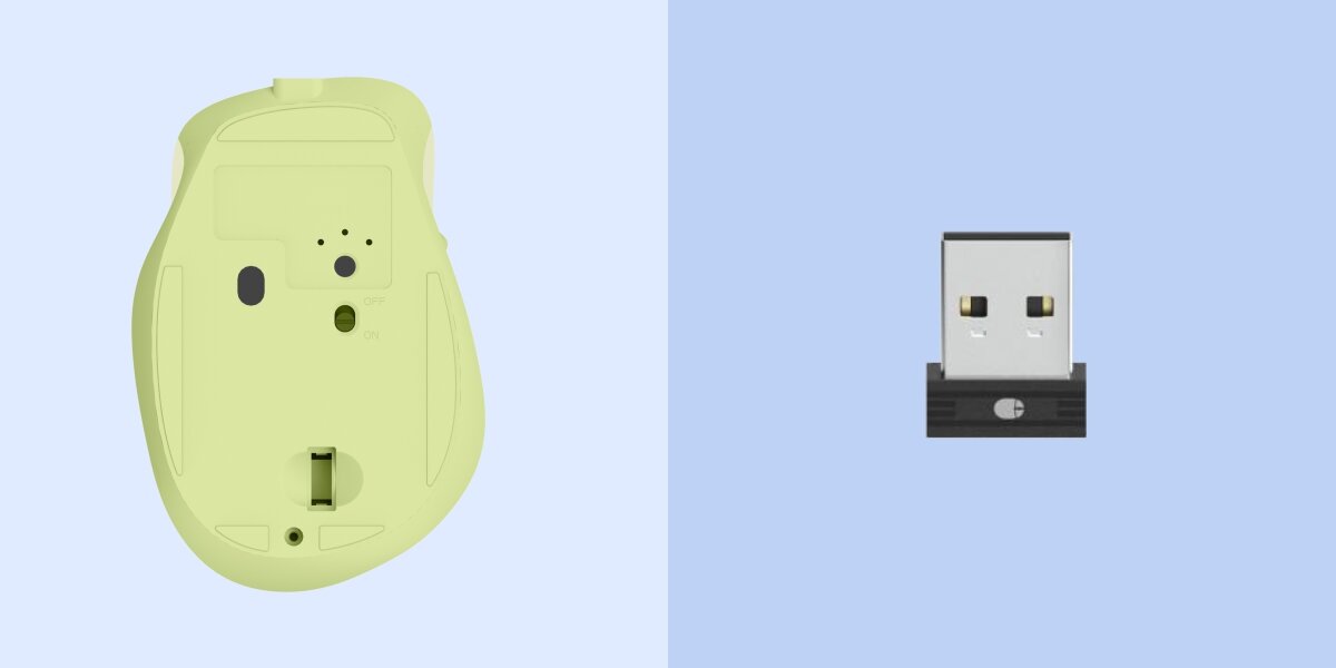 Spód jasnozielonej bezprzewodowej myszy Hama z wyłącznikiem, sensorem i odbiornikiem USB.