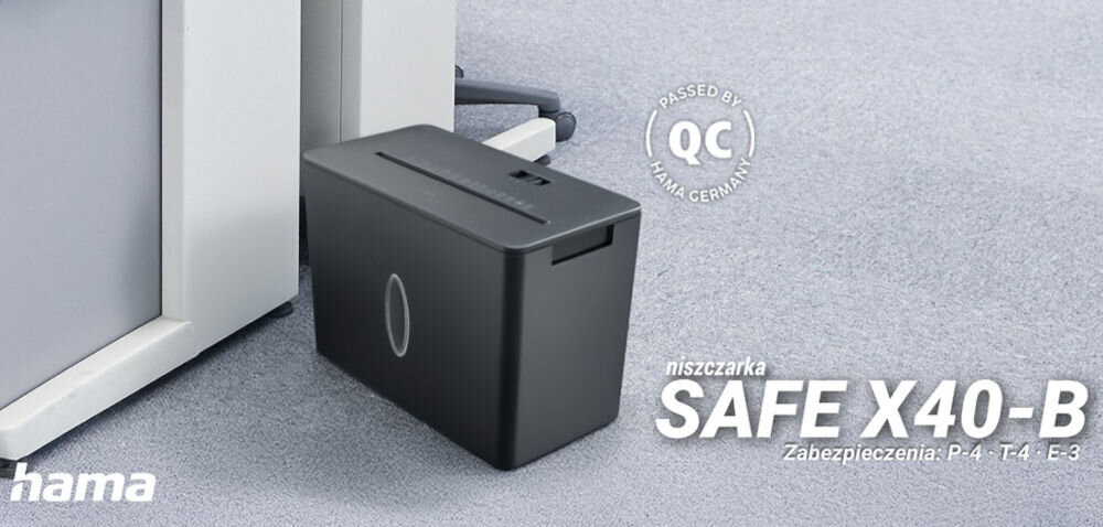 Niszczarka HAMA Safe X40-B Shredder P-4, Ścinki, Automatyczny Start/Stop, Funkcja cofania niszczarka postawiona przy biurku w biurze napis z modelem i marką z dopisem zabezpieczeń
