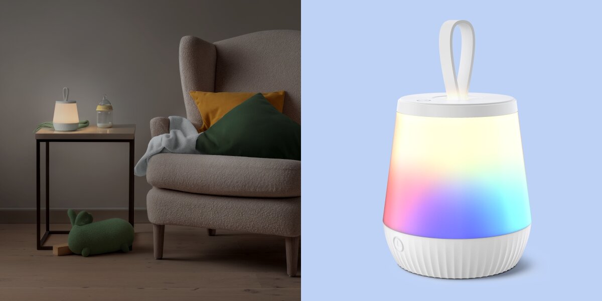 Lampka nocna HAMA Mobile Wielokolorowa lampka nocna RGB dla dzieci na stoliku obok fotela i butelki z mlekiem oraz zbliżenie na efekt świecenia w kolorach tęczy.