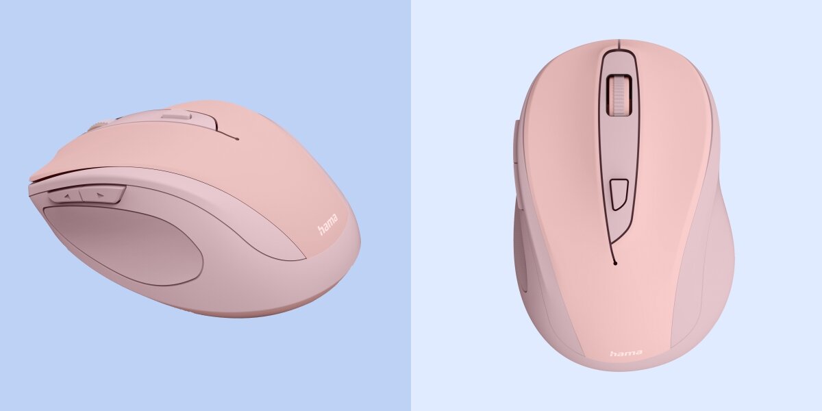 Komfort pracy w ciszy Widok z góry i z boku bezprzewodowej myszy Hama z rolką i przyciskami bocznymi.