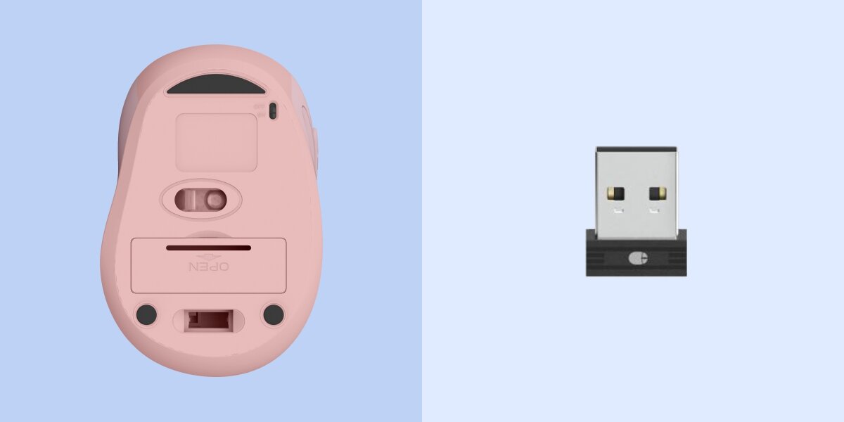 Odbiornik zawsze pod ręką Spód różowej bezprzewodowej myszy Hama z pokrywą baterii i odbiornik USB.