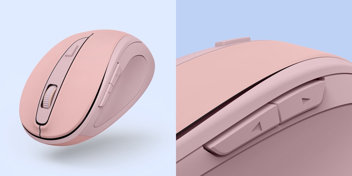 Pewne połączenie bez kabli Zbliżenie różowej myszy Hama, szczegół na boczne przyciski nawigacyjne (Wstecz/Dalej).