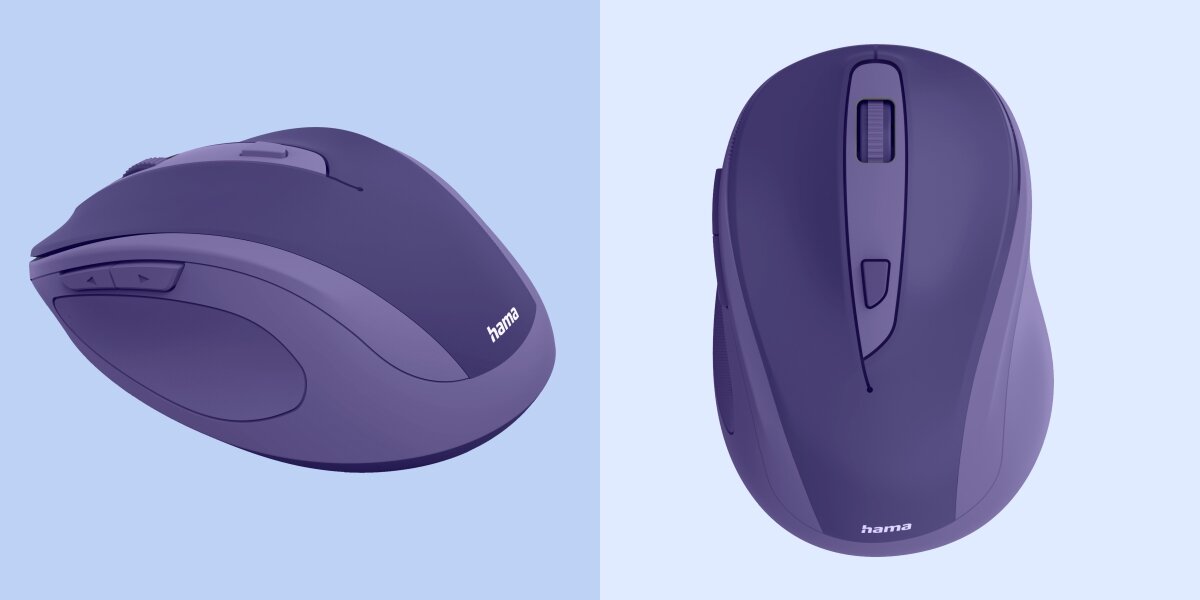 Komfort pracy w ciszy Widok z góry i z boku bezprzewodowej myszy Hama z rolką i przyciskami bocznymi.