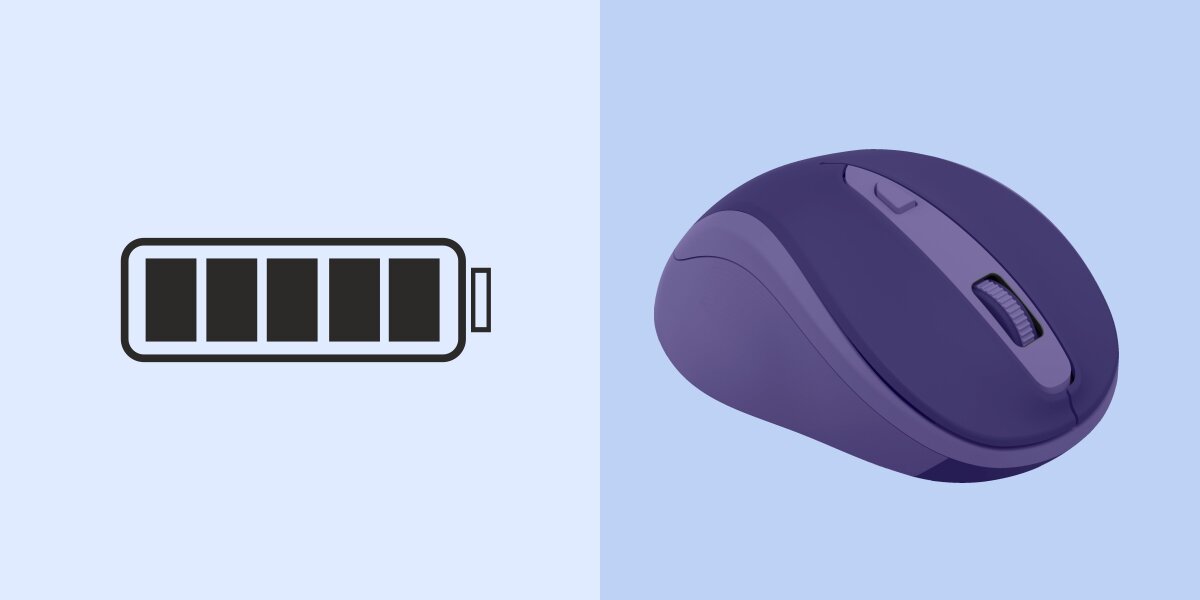 Wygoda w podróży i w pracy Fioletowa bezprzewodowa mysz z ikoną długiej żywotności baterii.