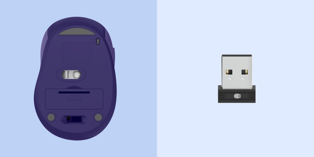 Odbiornik zawsze pod ręką Spód fioletowej bezprzewodowej myszy Hama z pokrywą baterii i odbiornik USB.