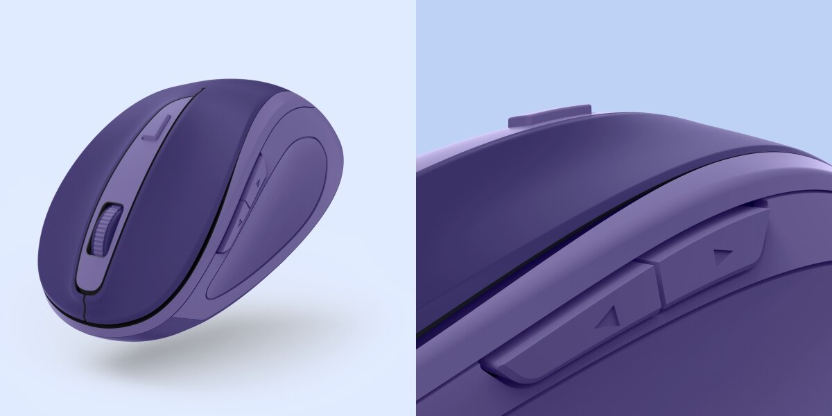 Pewne połączenie bez kabli Zbliżenie fioletowej myszy Hama, szczegół na boczne przyciski nawigacyjne (Wstecz/Dalej).