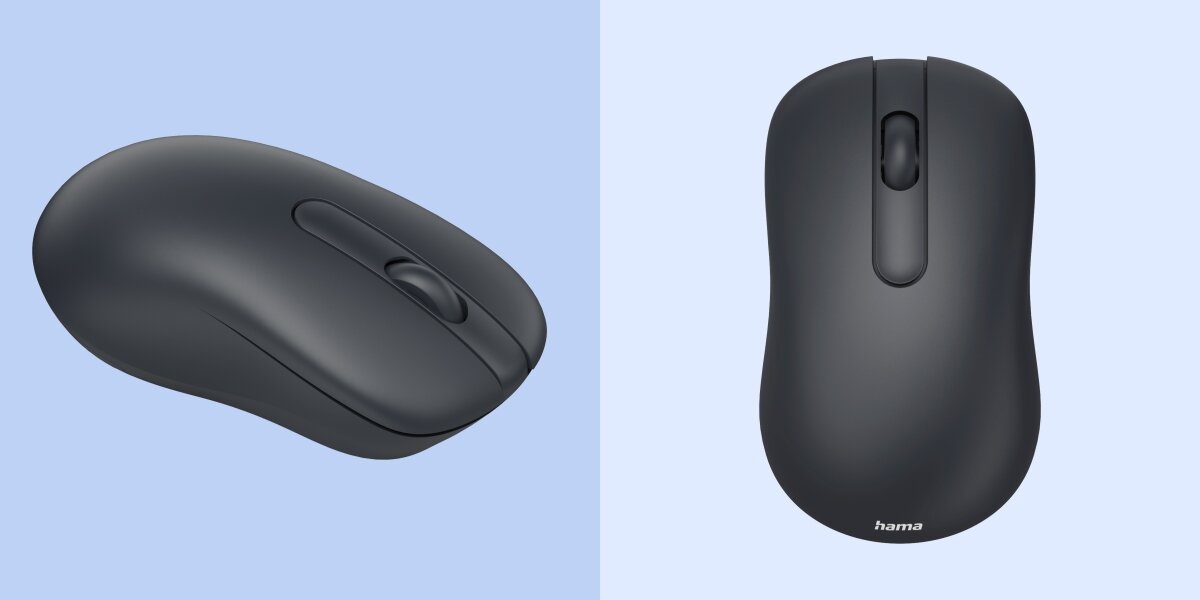 Porównanie czarnej myszy: z lewej strony widok pod kątem, z prawej widok z góry, ukazujący symetryczny kształt z rolką przewijania pośrodku.