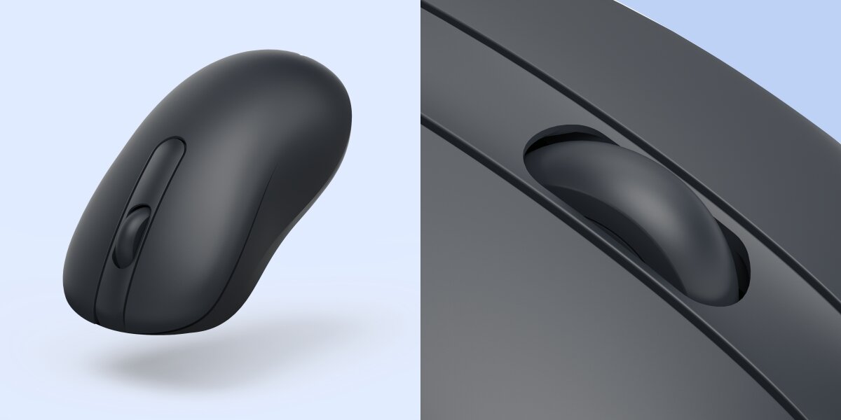 Z lewej strony mysz podniesiona nad tło, z prawej strony zbliżenie na szeroką, cichą rolkę przewijania myszy komputerowej.