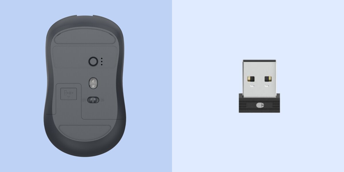 Z lewej strony spód myszy, prezentujący sensor optyczny i włącznik/wyłącznik, z prawej strony odbiornik USB (dongle) do łączności bezprzewodowej.