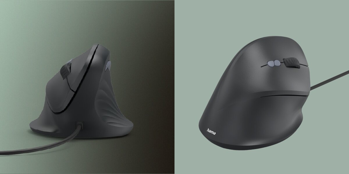 Pionowa mysz ergonomiczna w dwóch ujęciach: z przodu (ukazując profil) oraz pod kątem, podkreślająca unikalny, pionowy chwyt (vertical grip).