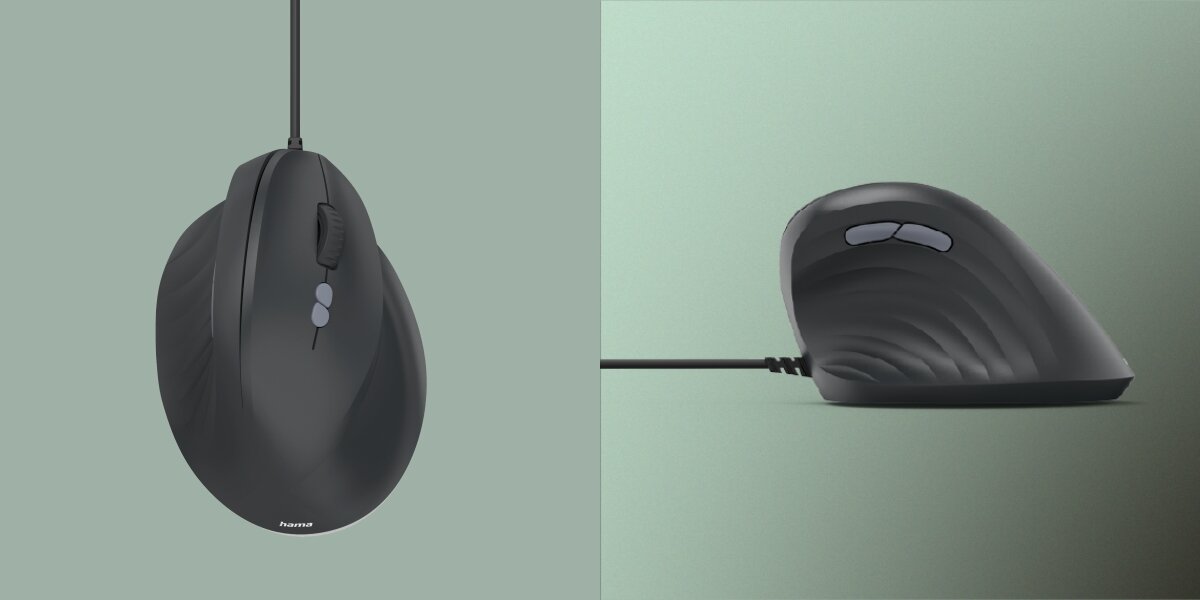 Widok ergonomicznej myszy pionowej z góry i z boku, ukazujący przyciski, kółko przewijania i wyprofilowane żłobienia, zaprojektowane dla lepszego chwytu i komfortu.