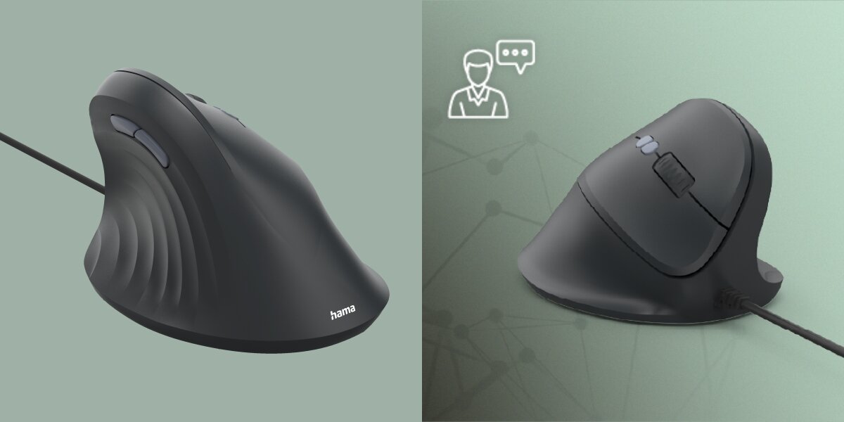 Ergonomiczna mysz pionowa (Vertical Mouse) w kolorze czarnym, w ujęciu pod kątem, ukazująca naturalną, pionową pozycję dłoni. Po prawej ikona użytkownika sugerująca zdrowotne korzyści dla dłoni.