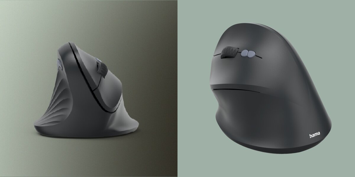 Dwie pionowe myszy ergonomiczne. Z lewej strony widok profilu myszy z falistym uchwytem. Z prawej widok z przodu, ukazujący gładką, wysoką konstrukcję pionową myszy HAMA.