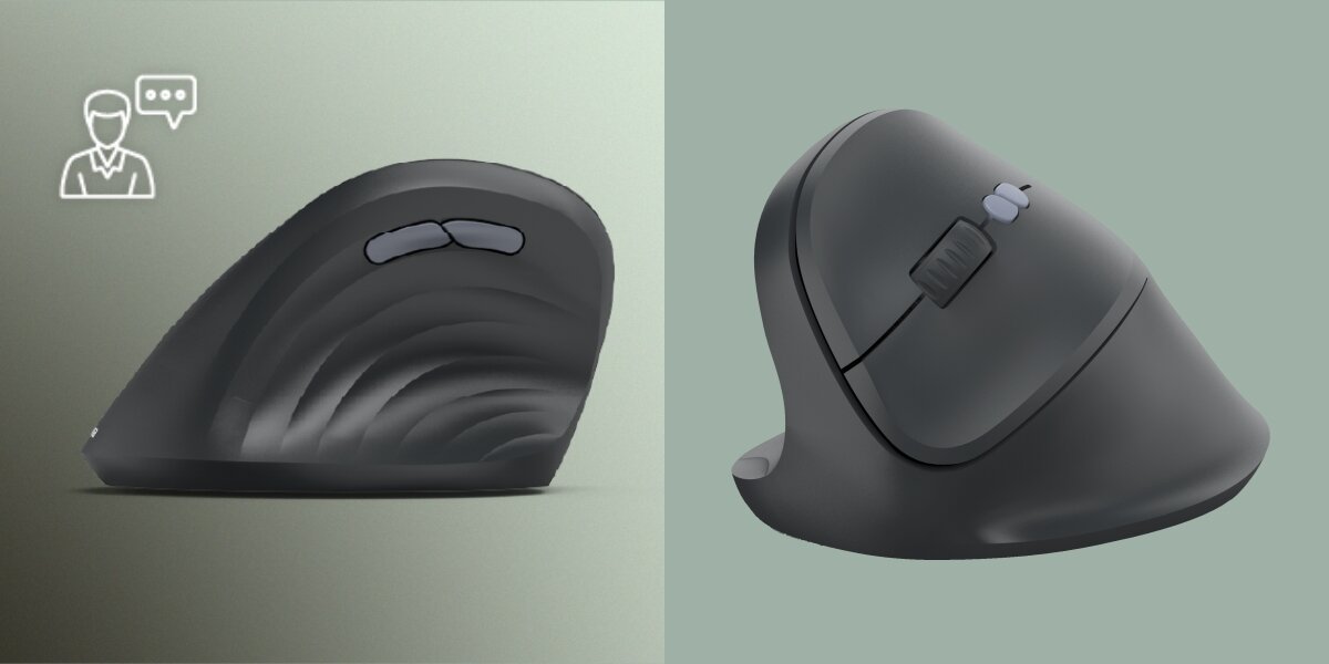 Porównanie dwóch czarnych myszy: z lewej strony mysz z falistą, teksturowaną powierzchnią i dwoma szarymi przyciskami bocznymi, z prawej mysz z gładką powierzchnią, rolką i dwoma małymi szarymi przyciskami na górze.
