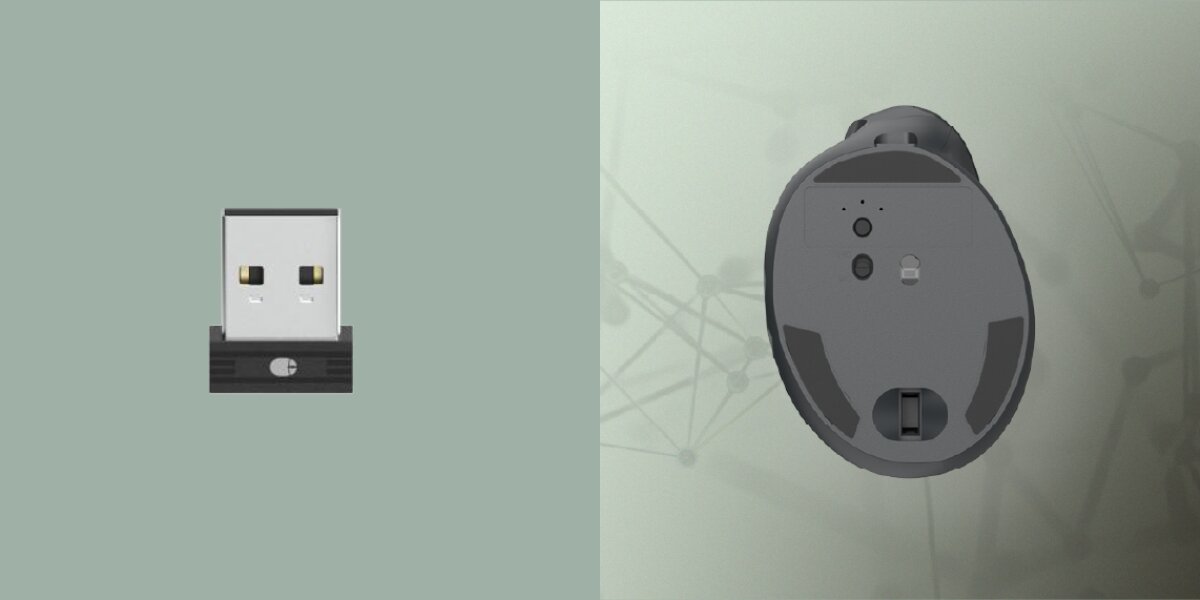 Podgląd małego odbiornika USB, zwanego dongle'em (po lewej), oraz spód myszy ergonomicznej (po prawej), ukazujący czujnik optyczny, przycisk włączania/wyłączania, przycisk do zmiany DPI oraz miejsce na odbiornik USB.