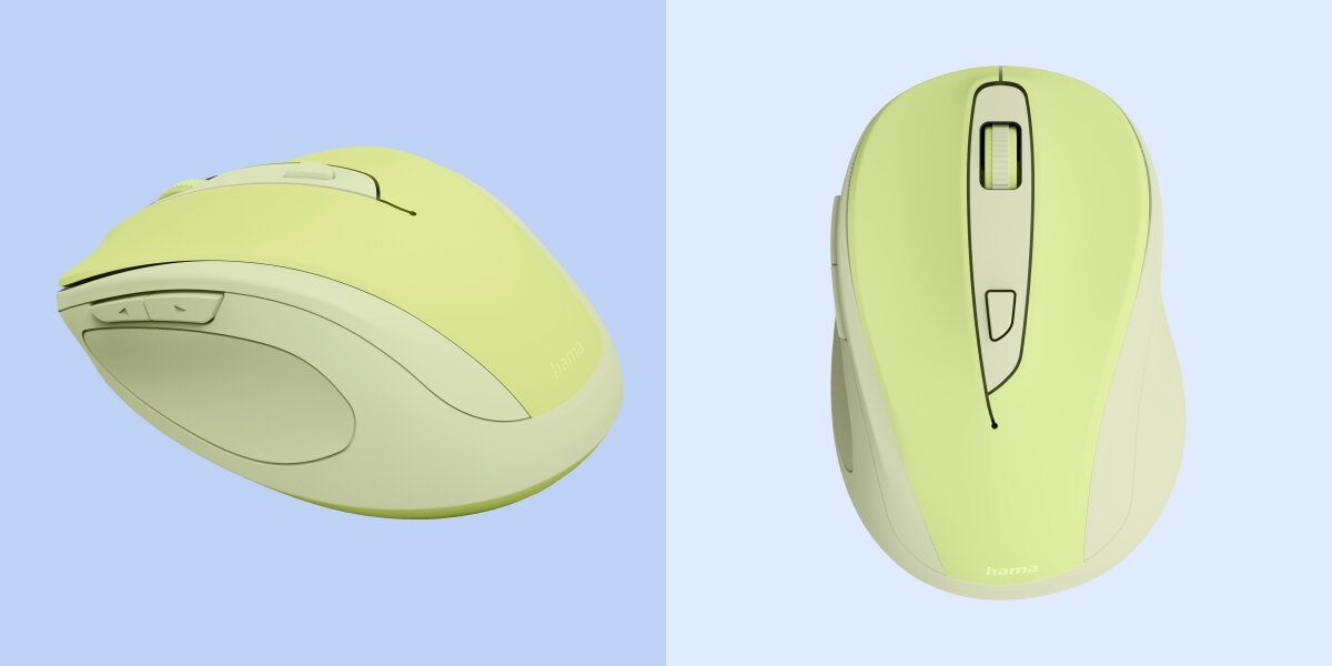Komfort pracy w ciszy Widok z góry i z boku bezprzewodowej myszy Hama z rolką i przyciskami bocznymi.