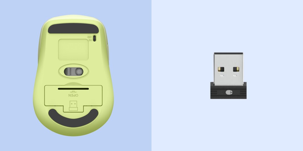 Odbiornik zawsze pod ręką Spód zielonej bezprzewodowej myszy Hama z pokrywą baterii i odbiornik USB.