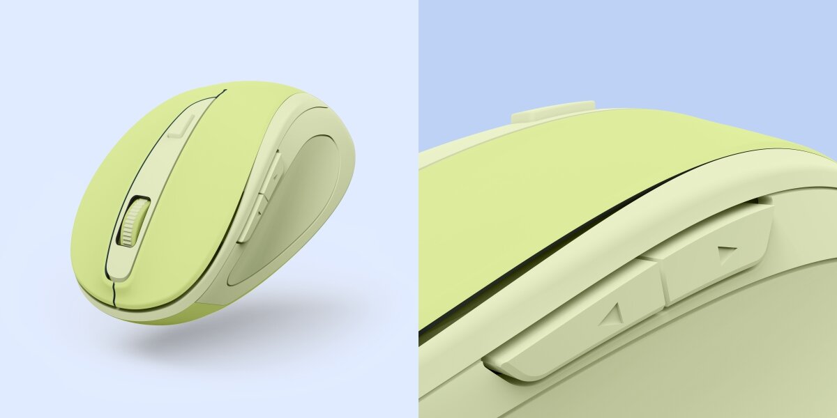 Pewne połączenie bez kabli Zbliżenie zielonej myszy Hama, szczegół na boczne przyciski nawigacyjne (Wstecz/Dalej).