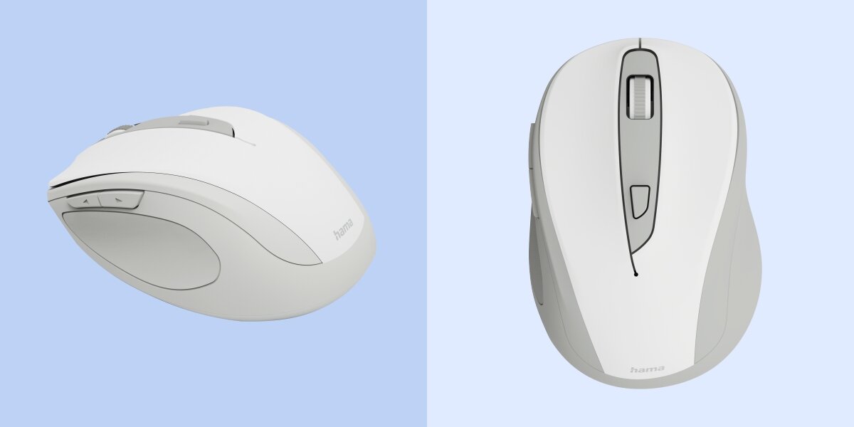 Komfort pracy w ciszy Widok z góry i z boku bezprzewodowej myszy Hama z rolką i przyciskami bocznymi.