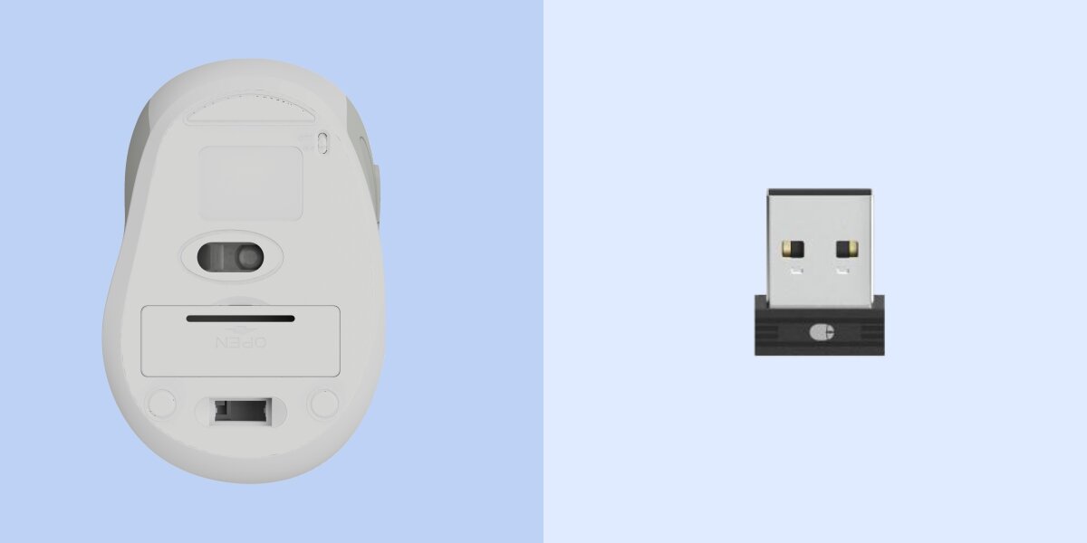 Odbiornik zawsze pod ręką Spód zielonej bezprzewodowej myszy Hama z pokrywą baterii i odbiornik USB.