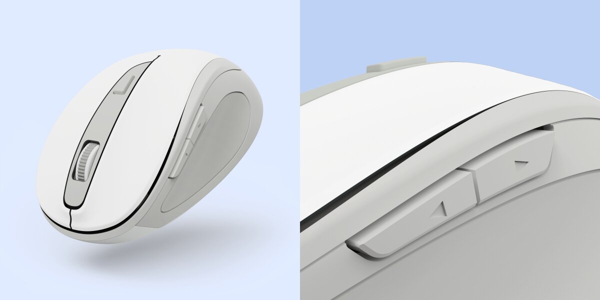 Pewne połączenie bez kabli Zbliżenie zielonej myszy Hama, szczegół na boczne przyciski nawigacyjne (Wstecz/Dalej).