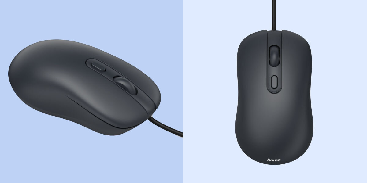 Cicha i dokładna kontrola Czarna, przewodowa mysz optyczna USB marki hama w dwóch ujęciach: pod kątem i z góry, prezentująca ergonomiczny kształt oraz przycisk DPI/czułości i kółko przewijania.