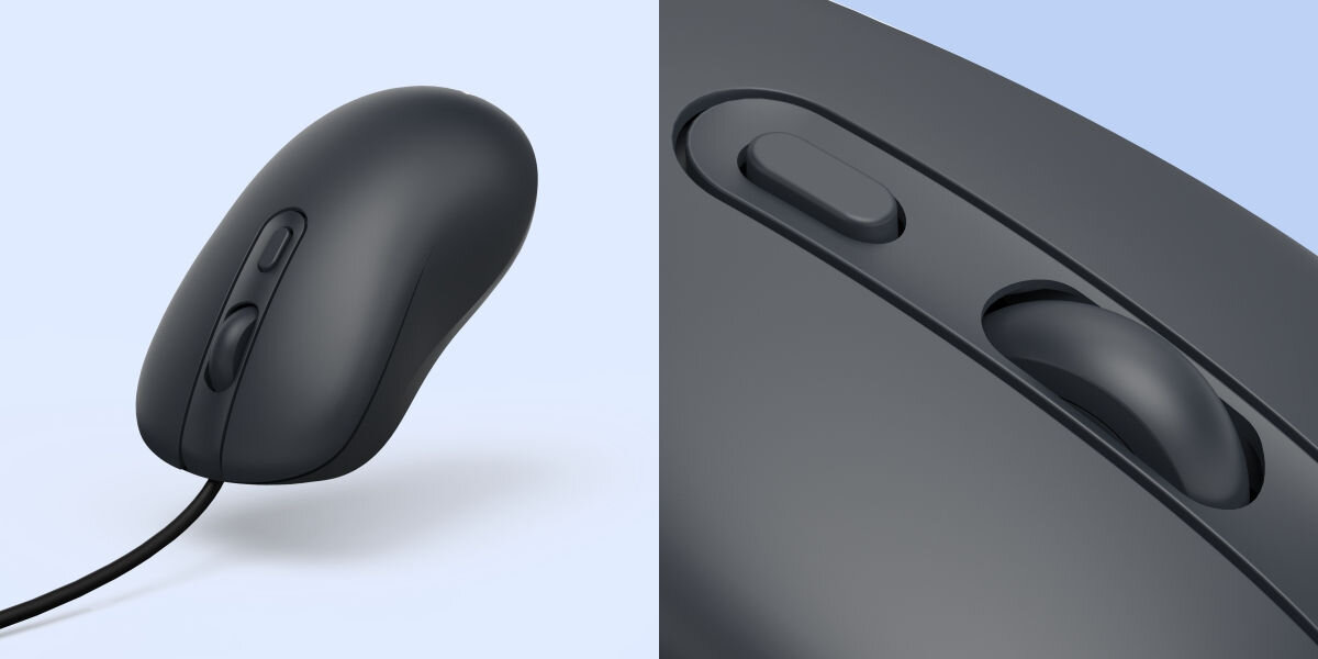 Pełna kontrola ruchu Zbliżenie na górną część myszki przewodowej, szczegółowo ukazujące kółko przewijania (scroll wheel) oraz przycisk zmiany czułości (DPI) na obudowie.