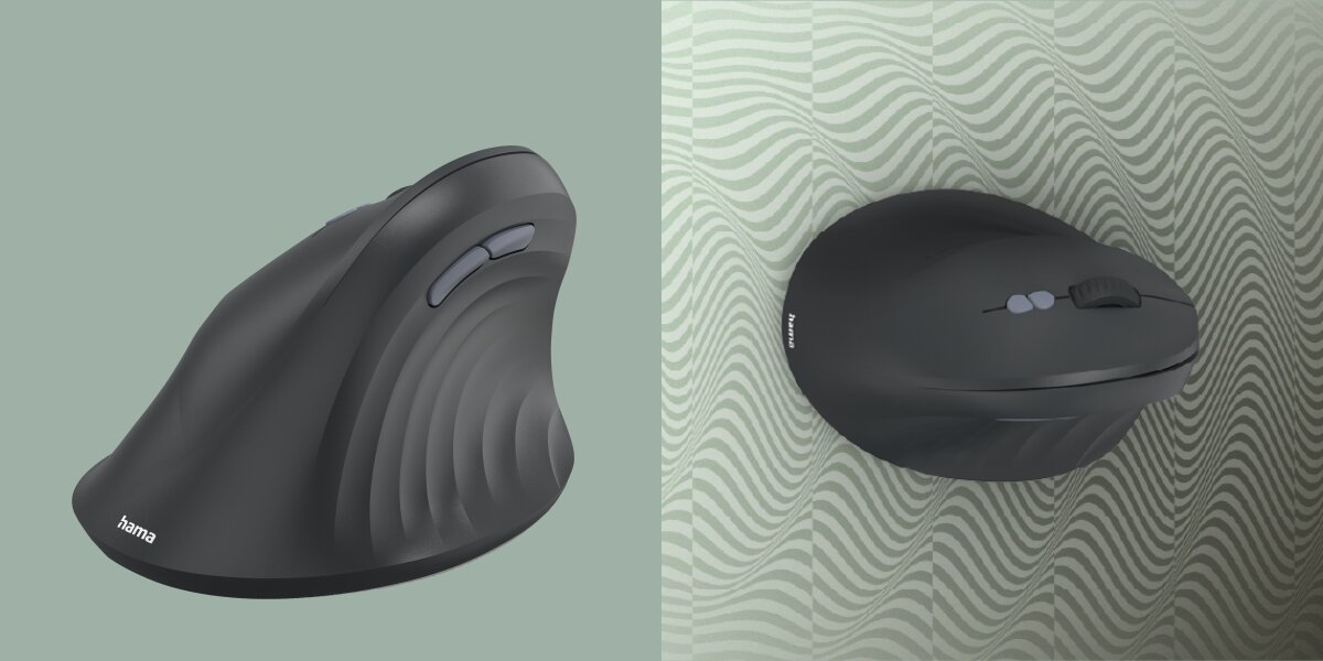 Mysz ergonomiczna Hama z lewej strony (widok z boku) oraz ten sam model widziany z góry, prezentujący rolkę przewijania i przyciski w pozycji poziomej na wzorzystym tle.