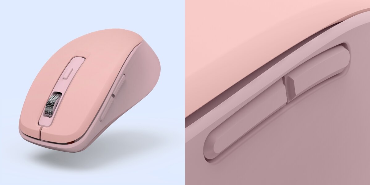 Różowa mysz bezprzewodowa w ujęciu pod kątem oraz zbliżenie na dwa przyciski boczne (cofnij/dalej) umieszczone pod kciukiem.