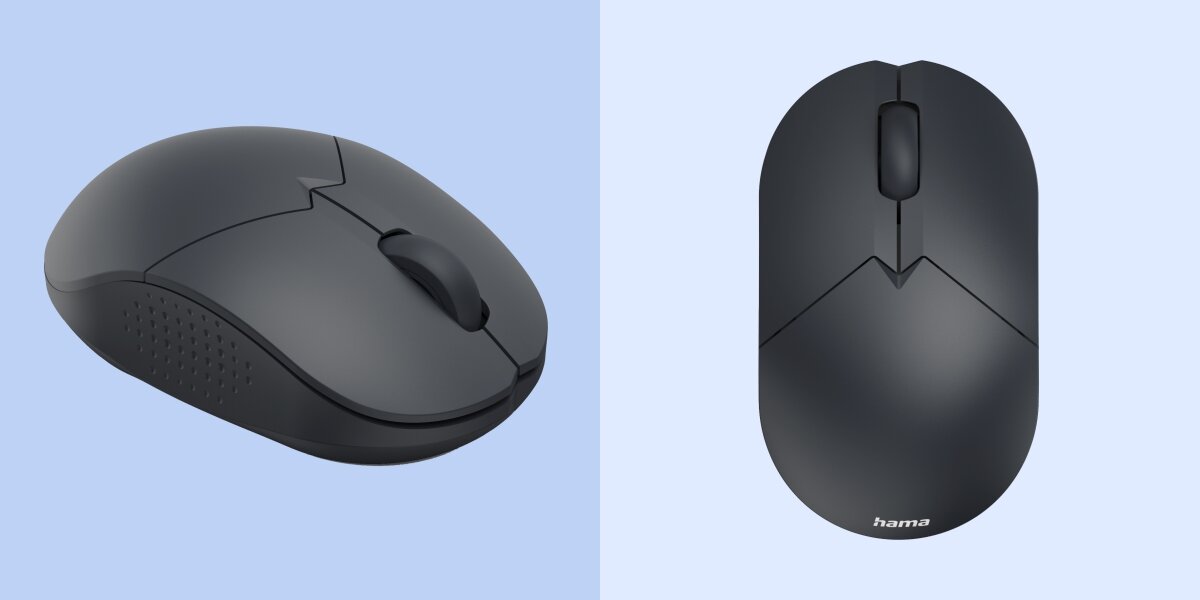 Ciemnoszara mysz bezprzewodowa Hama, widok z góry i pod kątem.