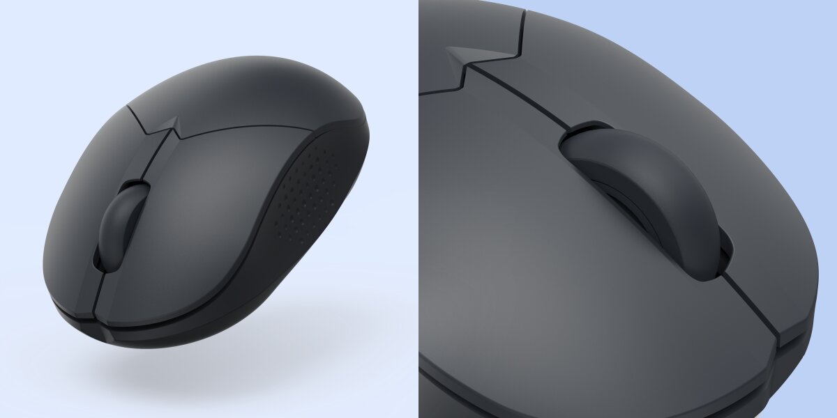 Zbliżenie na ciemnoszarą mysz Hama, szczegółowe ujęcie rolki przewijania i chropowatego boku.