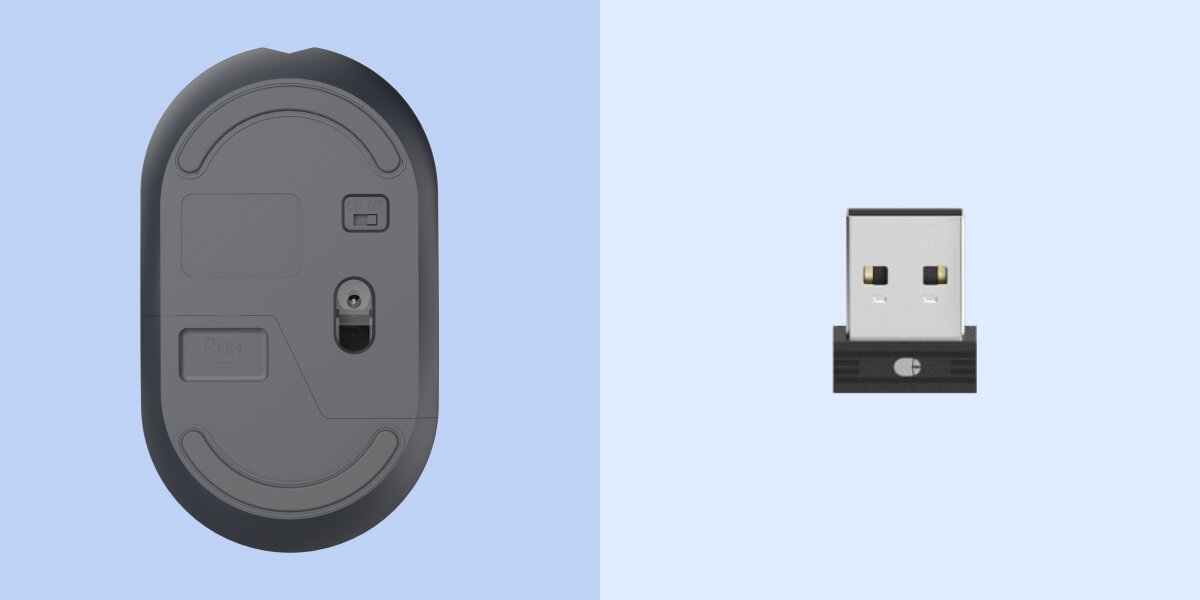 Spód ciemnoszarej myszy Hama z przełącznikiem On/Off i odbiornikiem USB.