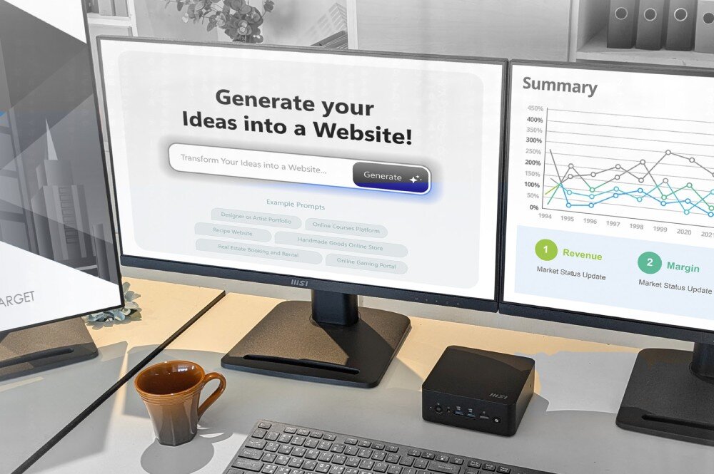 Komputer MSI Cubi NUC AI+ 2MG-001EU Biurko z trzema monitorami, na środkowym ekranie wyświetlony jest komunikat 'Generate your ideas into a website', obok na blacie stoi filiżanka i miniaturowy komputer, porty, monitory