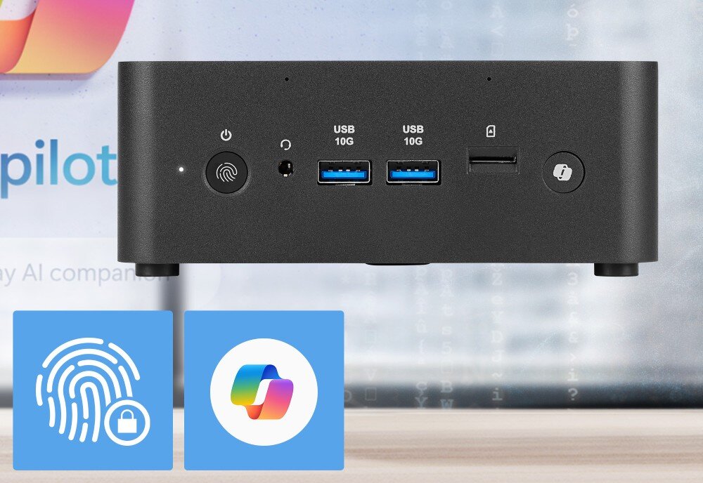 Komputer MSI Cubi NUC AI+ 2MG-001EU Przód urządzenia z trzema portami USB, czytnikiem kart microSD, gniazdem audio oraz przyciskiem z czytnikiem linii papilarnych, poniżej widoczne ikony symbolizujące odcisk palca i aplikację, czytnik linii papilarnych, zabezpieczenia