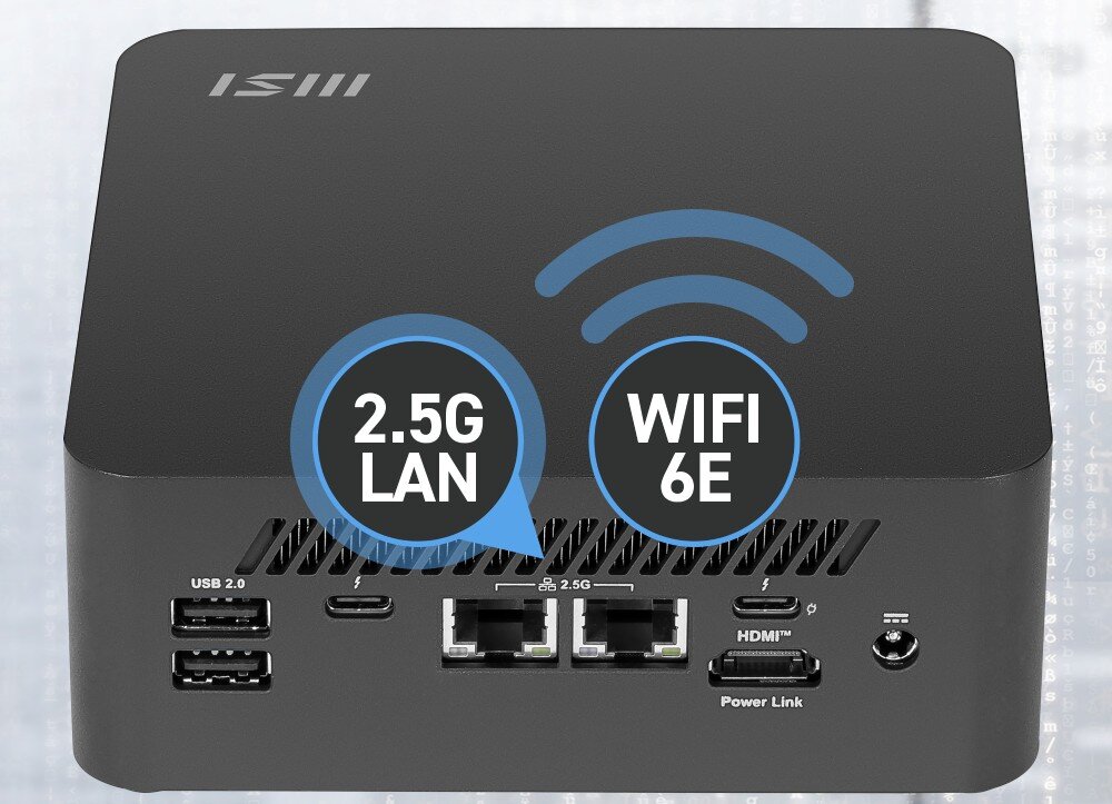 Komputer MSI Cubi NUC AI+ 2MG-001EU Tył urządzenia z oznaczeniami technologii łączności '2.5G LAN' i 'WiFi 6E', nad portami USB, LAN, HDMI i Power Link, porty LAN, łączność, Wi-Fi, Bluetooth
