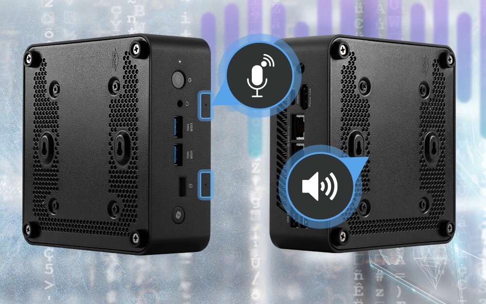 Komputer MSI Cubi NUC AI+ 2MG-001EU Dwa ujęcia spodu urządzenia z widocznymi otworami wentylacyjnymi, portami i ikonami symbolizującymi mikrofon oraz głośnik, mikrofon, głośniki