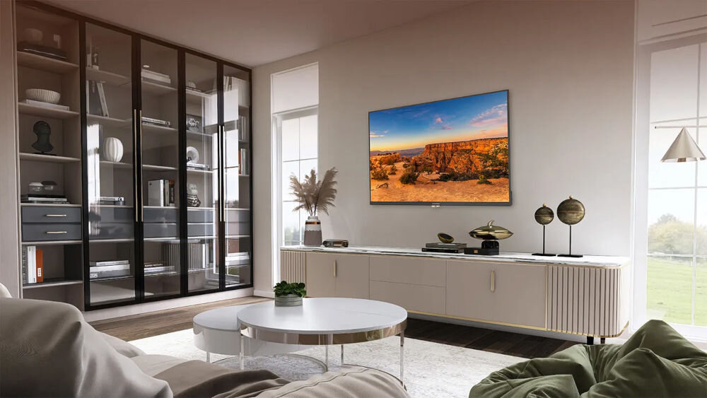 Telewizor KIANO Elegance 40 multimedia dostępne HDMI USB WiFi, telewizor zawieszony na ścianie w pomieszczeniu