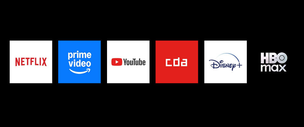 Telewizor KIANO Elegance 40 system VIDAA Smart TV aplikacje personalizacja, kafelki platform streamingowych na czarnym tle