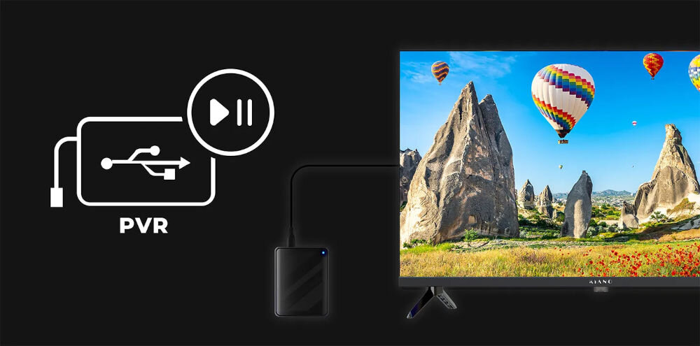 Telewizor KIANO Elegance 40 Smart TV VIDAA aplikacje nagrywanie, telewizor od frontu na czarnym tle