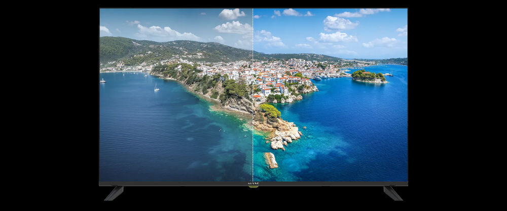 Telewizor KIANO Elegance 40 Direct LED kontrast czernie, telewizor od frontu na czarnym tle