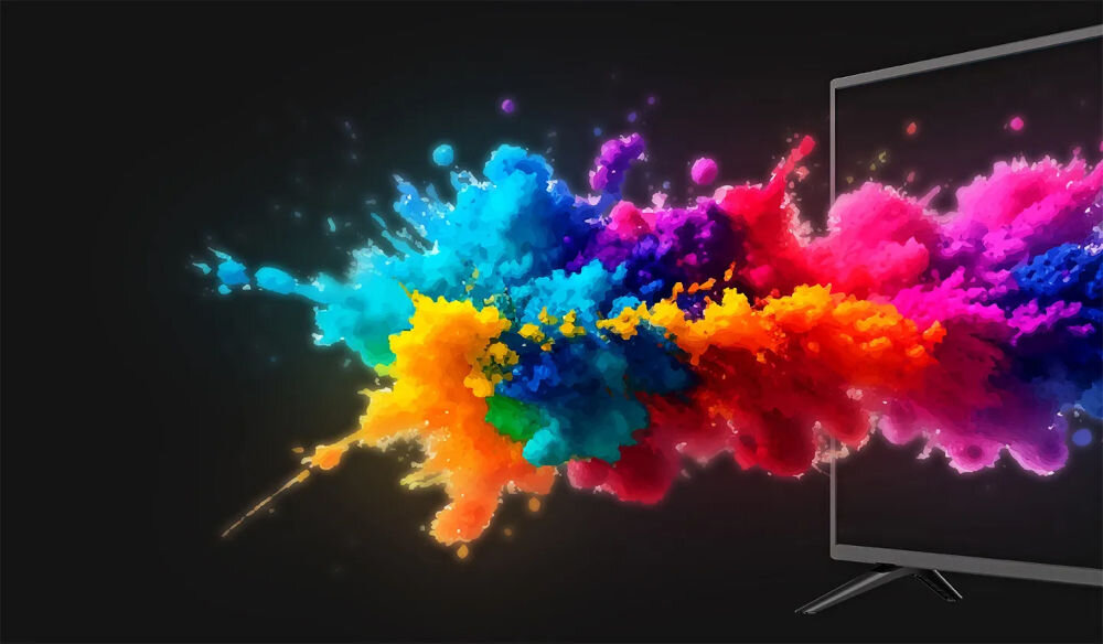 Telewizor KIANO Elegance 50 procesor Cortex-A53 RAM 1.5GB grafika Mali-G52, telewizor po skosie na czarnym tle