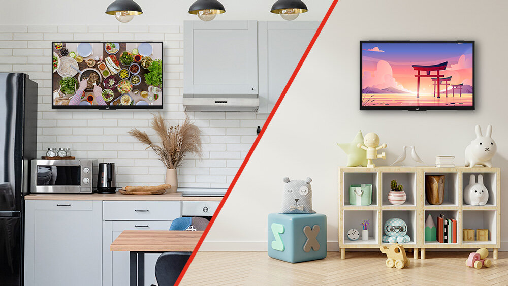 Telewizor TELEFUNKEN TFL-24APH1000 - Kompaktowy telewizor, dwa kadry telew3izora zwieszonowego na ścianie w kuchni oraz w pokoju dziecięcym